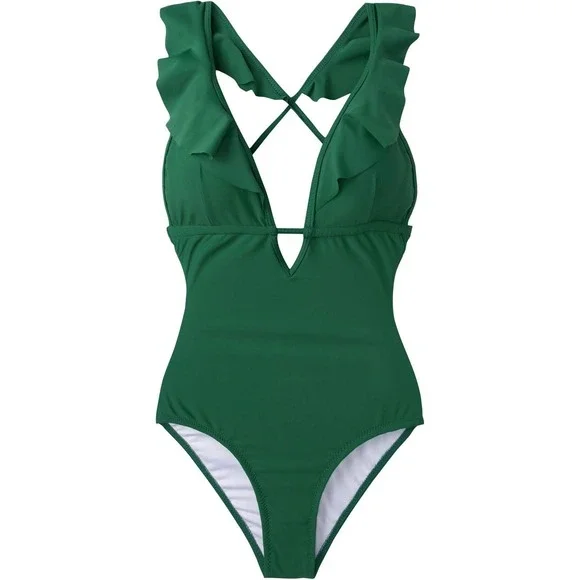 Cupshe Ruffle One Piece Swimsuit Plunge Criss Cross Back Bathing Suit size XS - Picture 3 of 9
